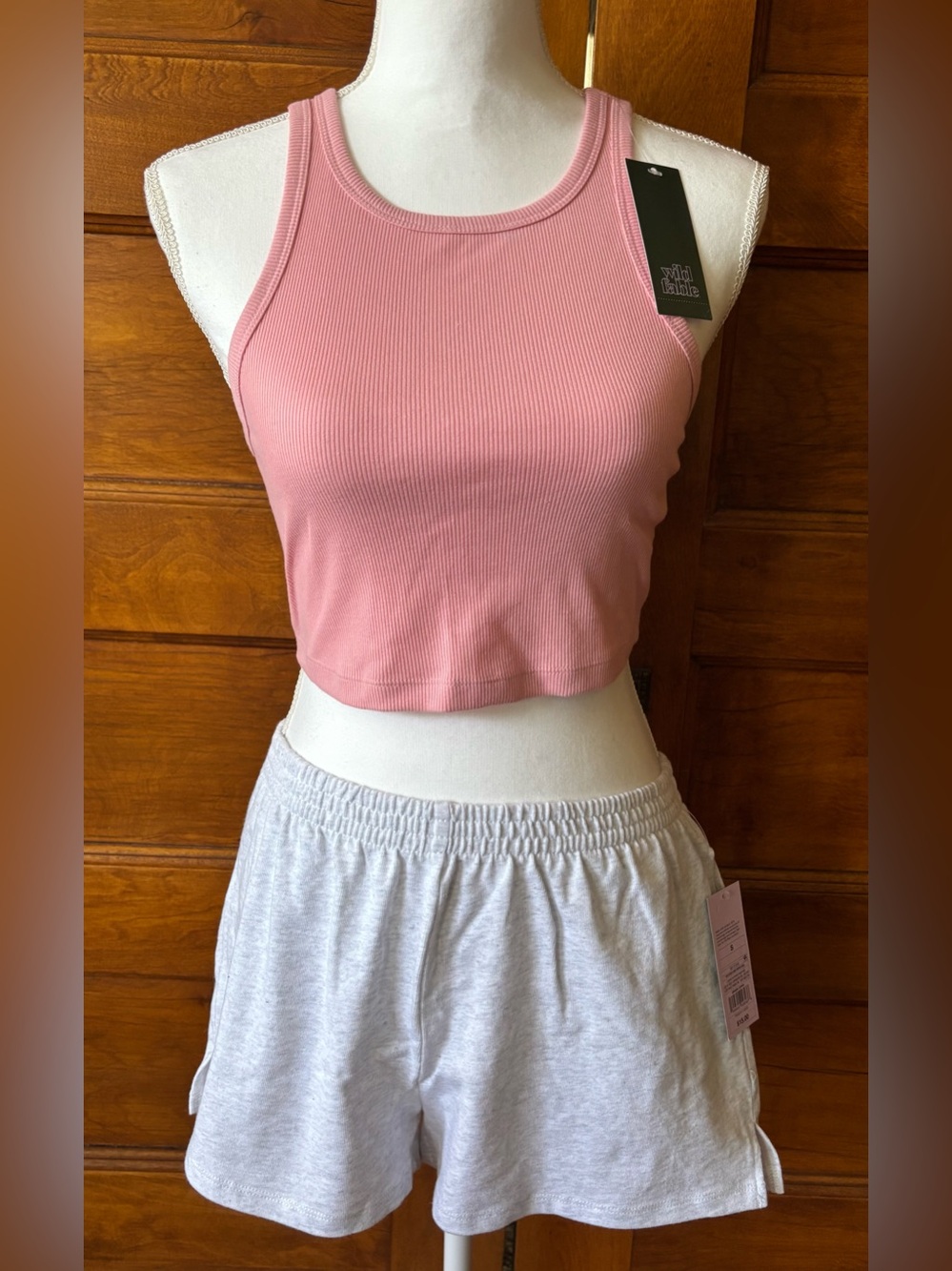 Wild Fable M Ribbed Pink Crop Tank Top and S Gray Shorts